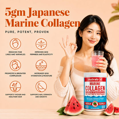 nutrabud Japanese Marine Collagen Powder Supplement, 200g, Hydrolyzed Type-1 Peptides, No Added Sugar, Unisex Adult - packagi