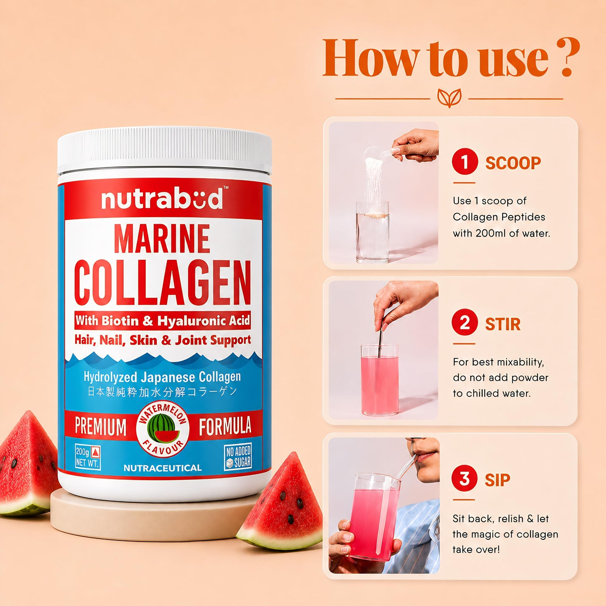 nutrabud Japanese Marine Collagen Powder Supplement, 200g, Hydrolyzed Type-1 Peptides, No Added Sugar, Unisex Adult - label d