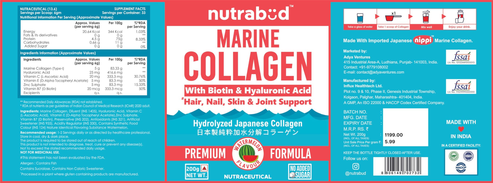 nutrabud Japanese Marine Collagen Powder Supplement, 200g, Hydrolyzed Type-1 Peptides, No Added Sugar, Unisex Adult - close-u