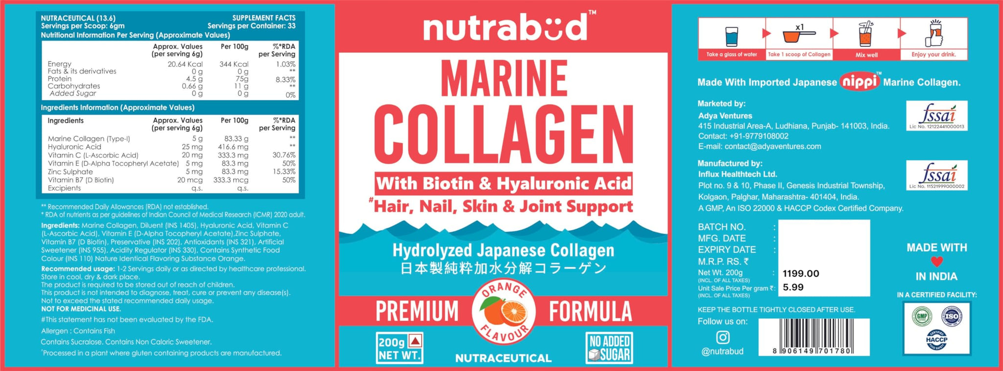 nutrabud Japanese Marine Collagen Powder Supplement, 200g, Hydrolyzed Type-1 Peptides, No Added Sugar, Unisex Adult - close-u