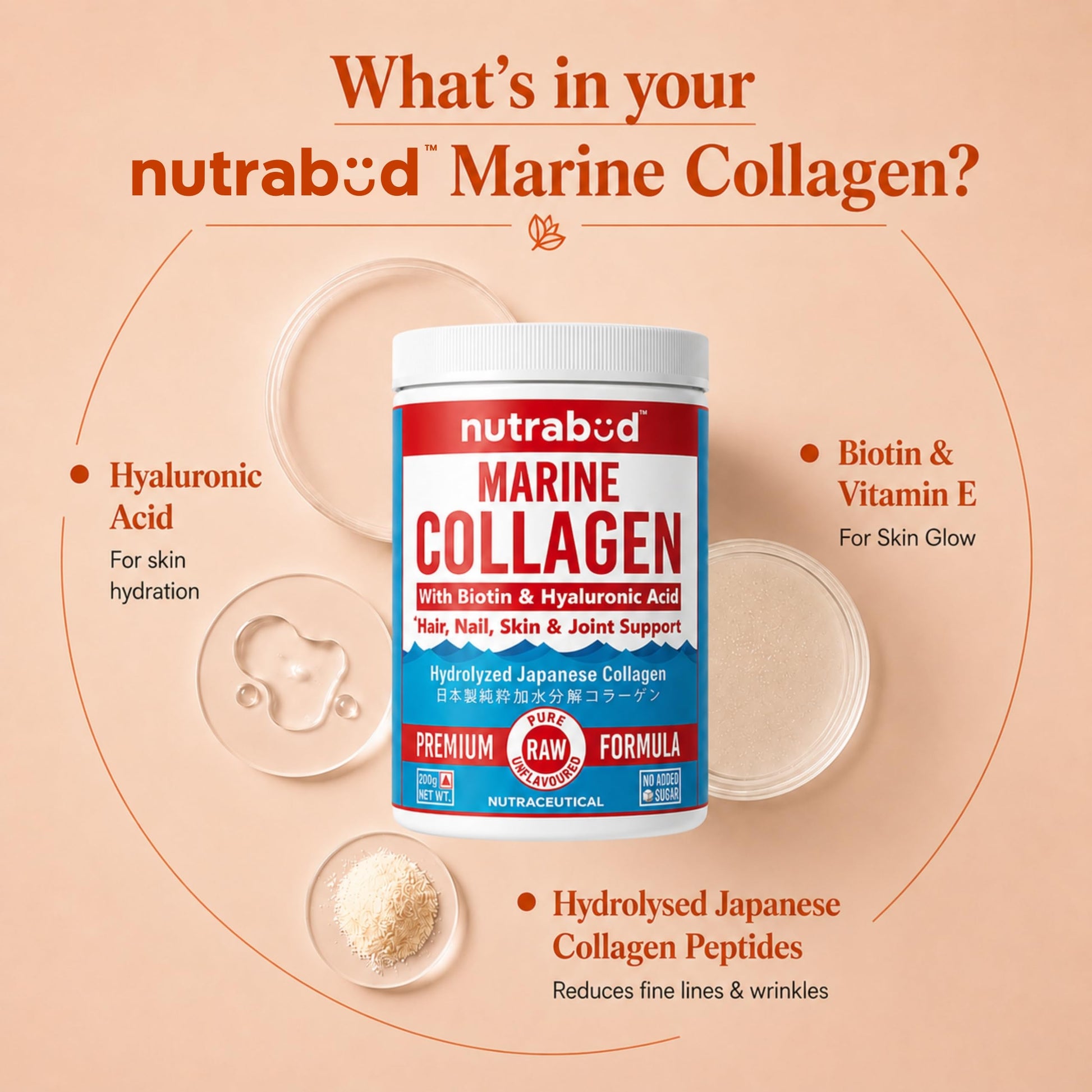 nutrabud Japanese Marine Collagen Powder Supplement, 200g, Hydrolyzed Type-1 Peptides, No Added Sugar, Unisex Adult - front v
