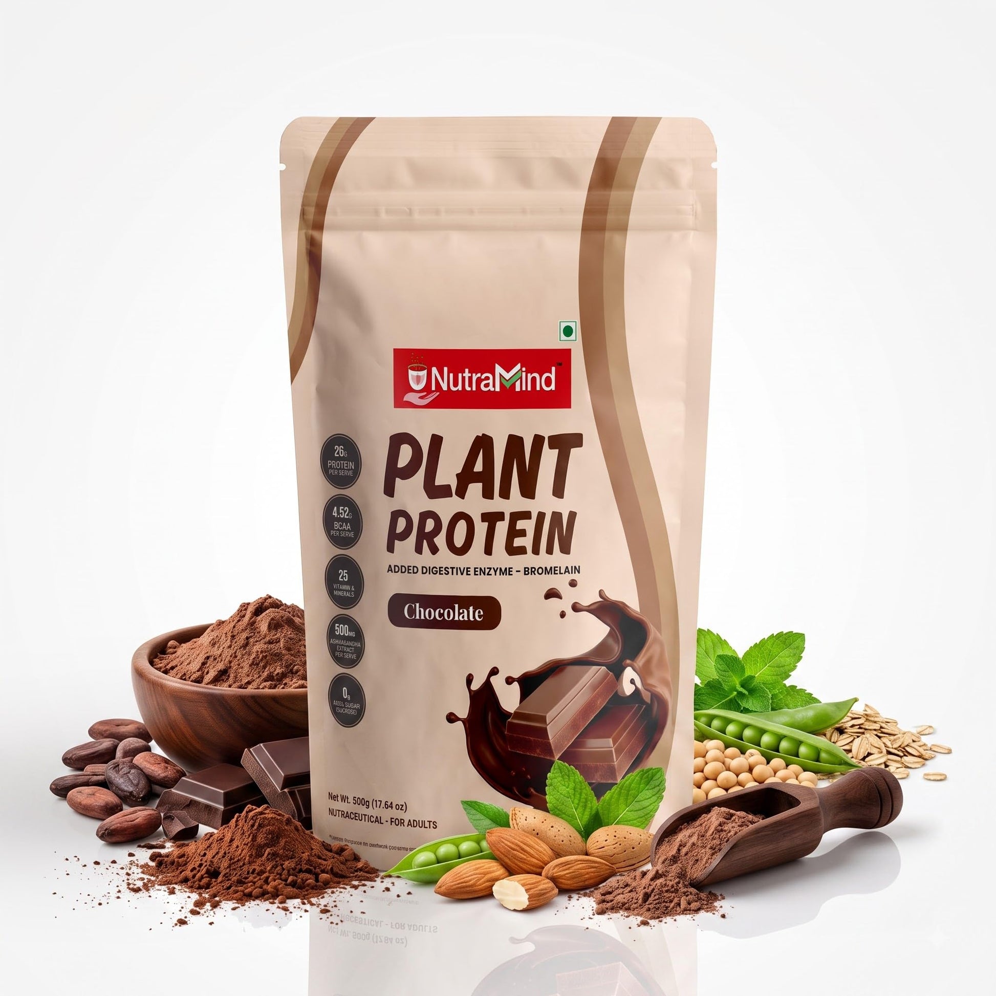 NutraMind Plant Protein Powder Chocolate 500g, 26g Protein Per Serving, Vegan, Dairy-Free, Lactose-Free