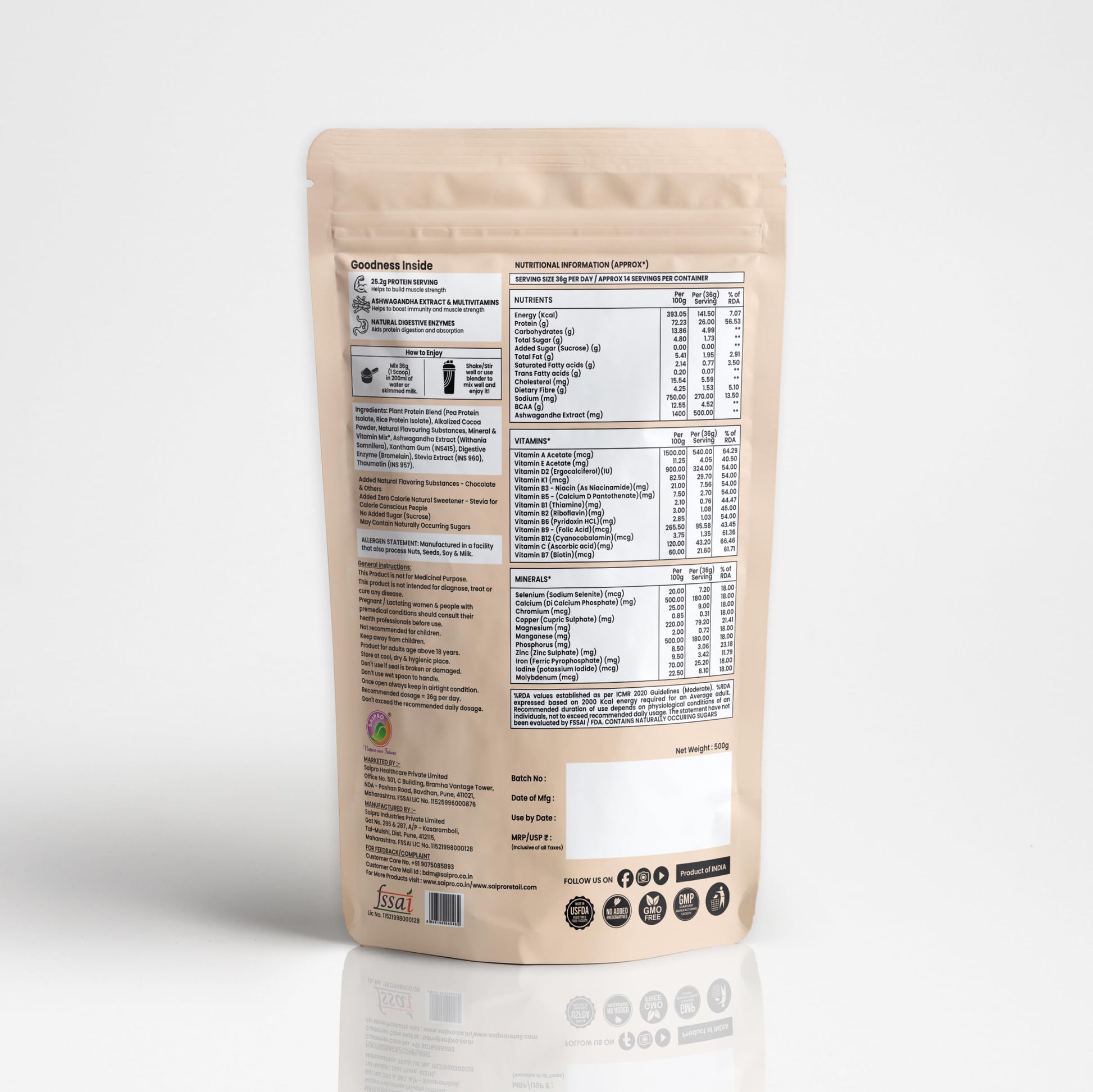 NutraMind Plant Protein Powder Chocolate 500g, 26g Protein Per Serving, Vegan, Dairy-Free, Lactose-Free - front view