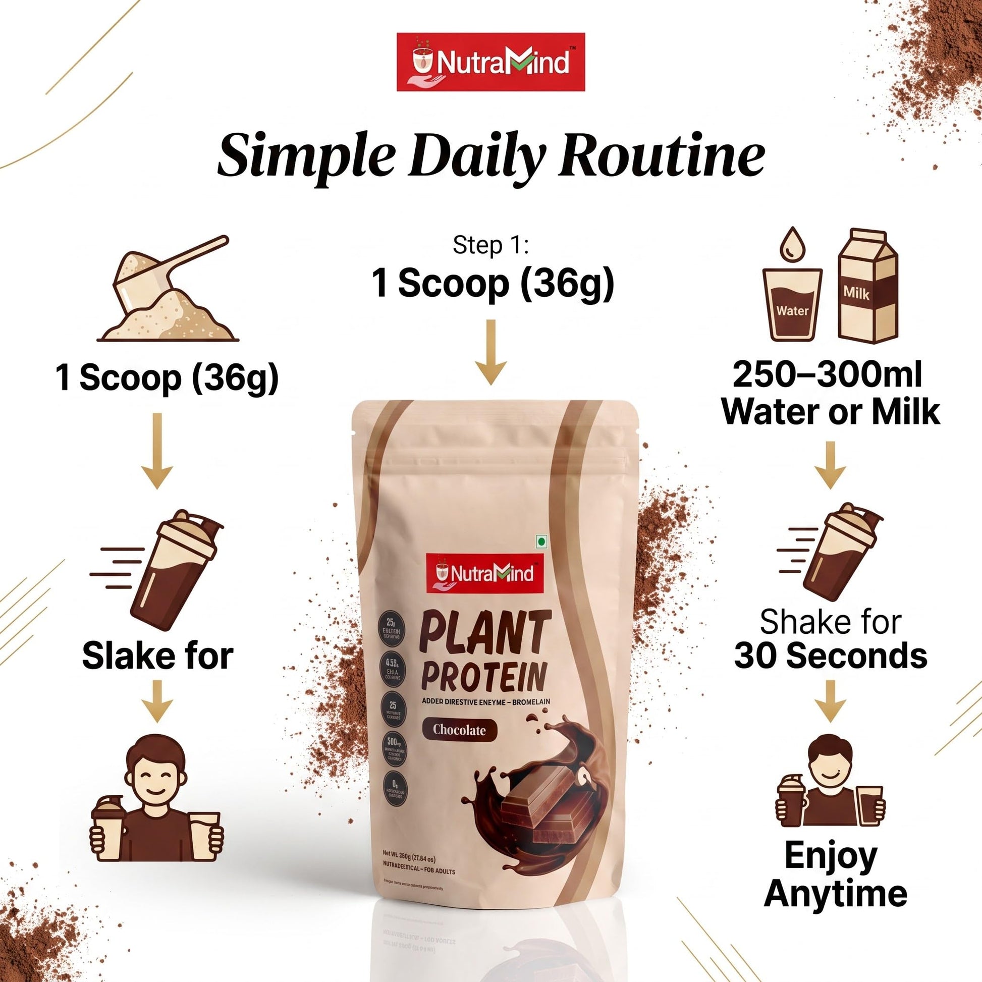 NutraMind Plant Protein Powder Chocolate 500g, 26g Protein Per Serving, Vegan, Dairy-Free, Lactose-Free - close-up detail