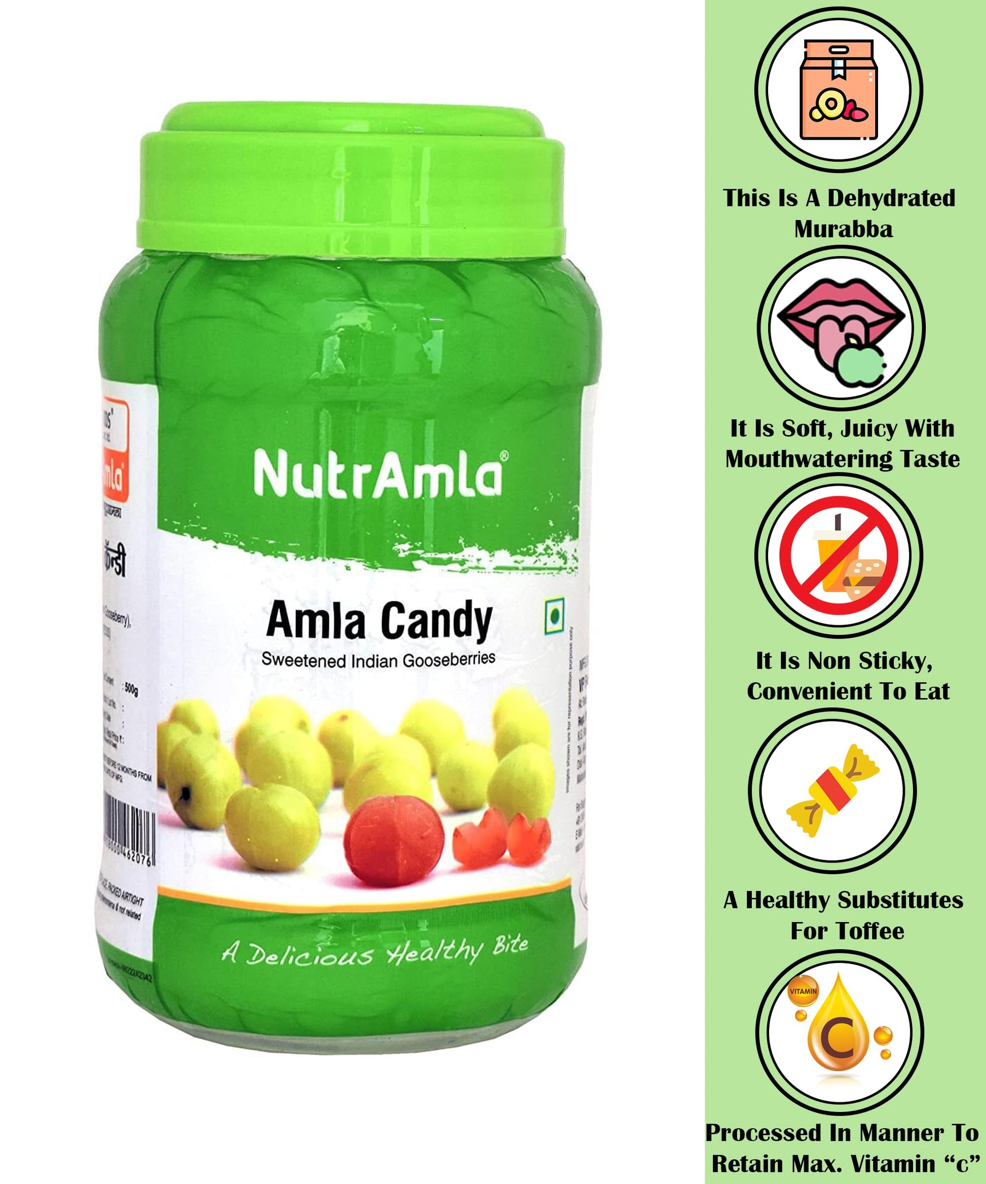 NutrAmla Dried Amla Candy Whole Fruit, 500g, Natural Sweet and Chewy Gooseberry Candy - label detail