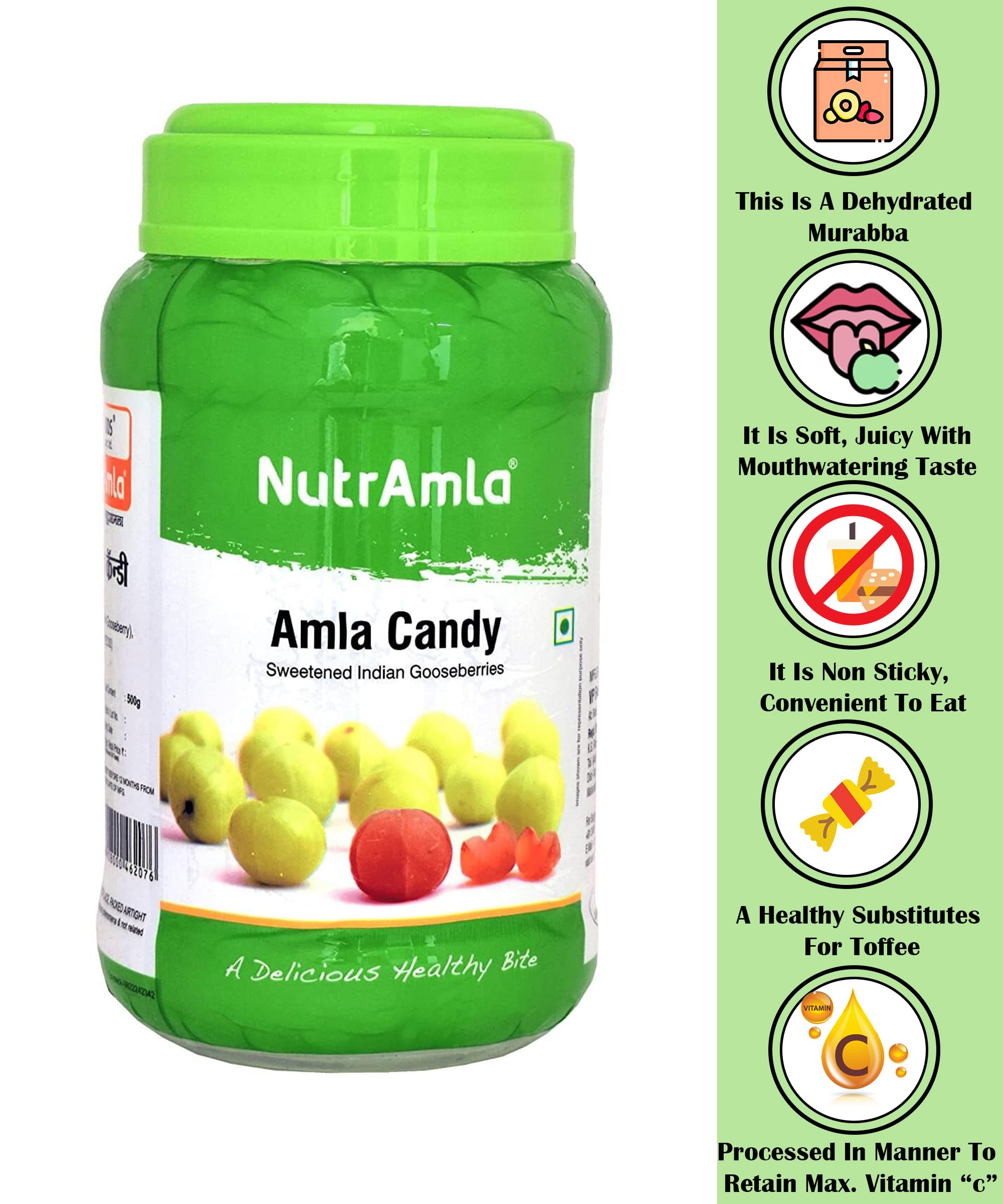 NutrAmla Dried Amla Candy Whole Fruit, 500g, Natural Sweet and Chewy Gooseberry Candy - label detail