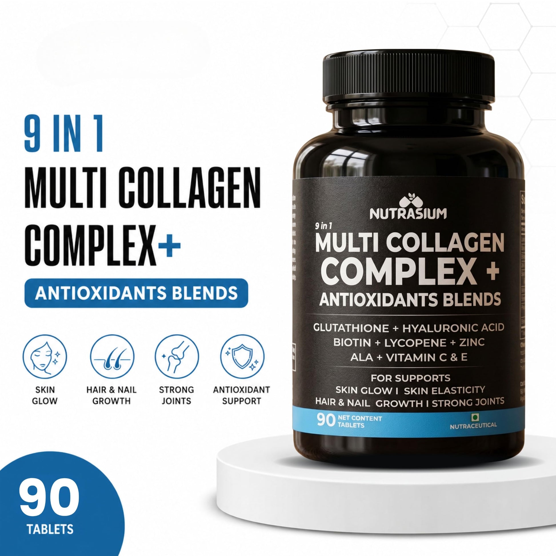 Nutrasium Multi Collagen Glutathione Hyaluronic Acid Dietary Supplement, Adult Unisex Tablets, 300g - front view (11)