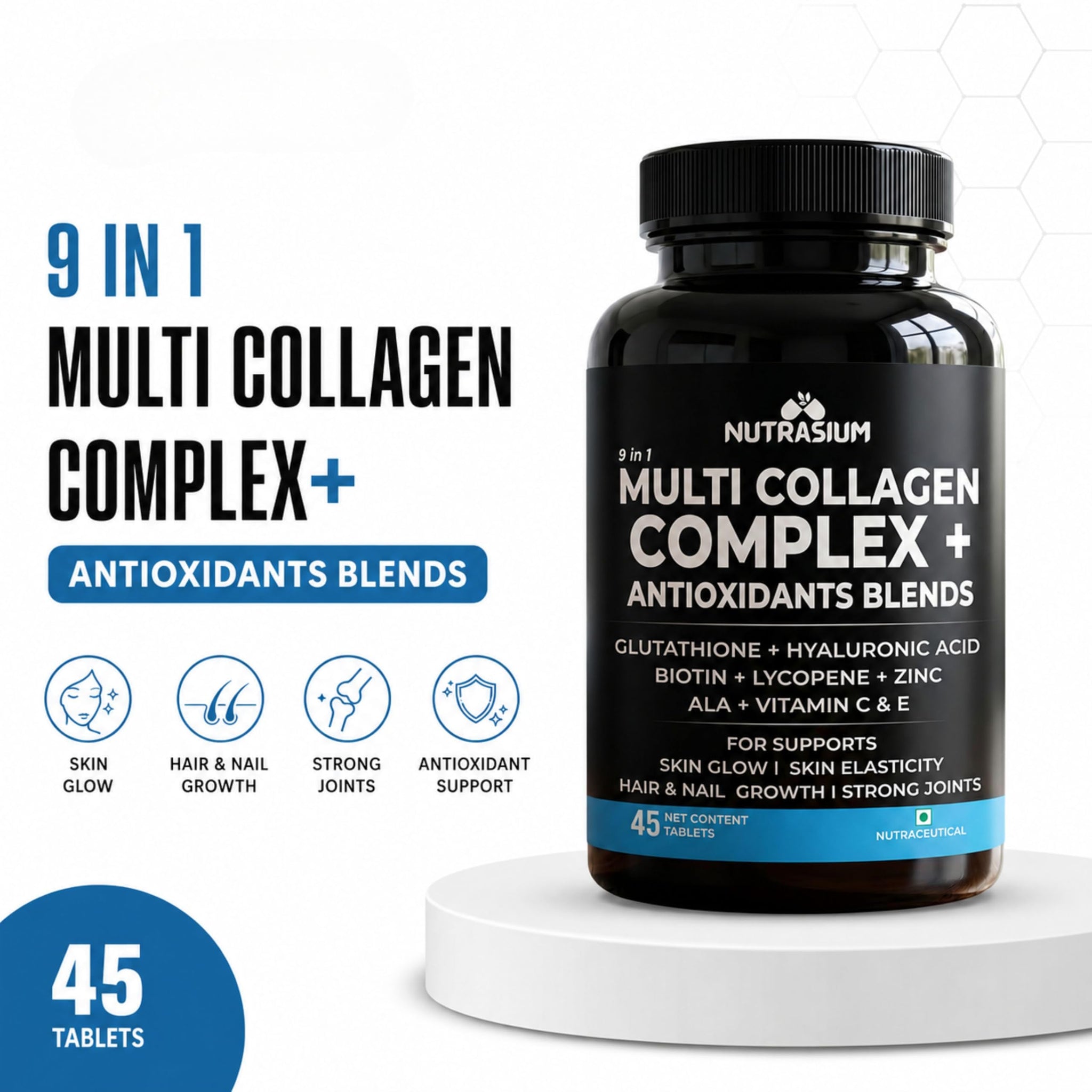 Nutrasium Multi Collagen Glutathione Hyaluronic Acid Dietary Supplement, Adult Unisex Tablets, 300g - front view