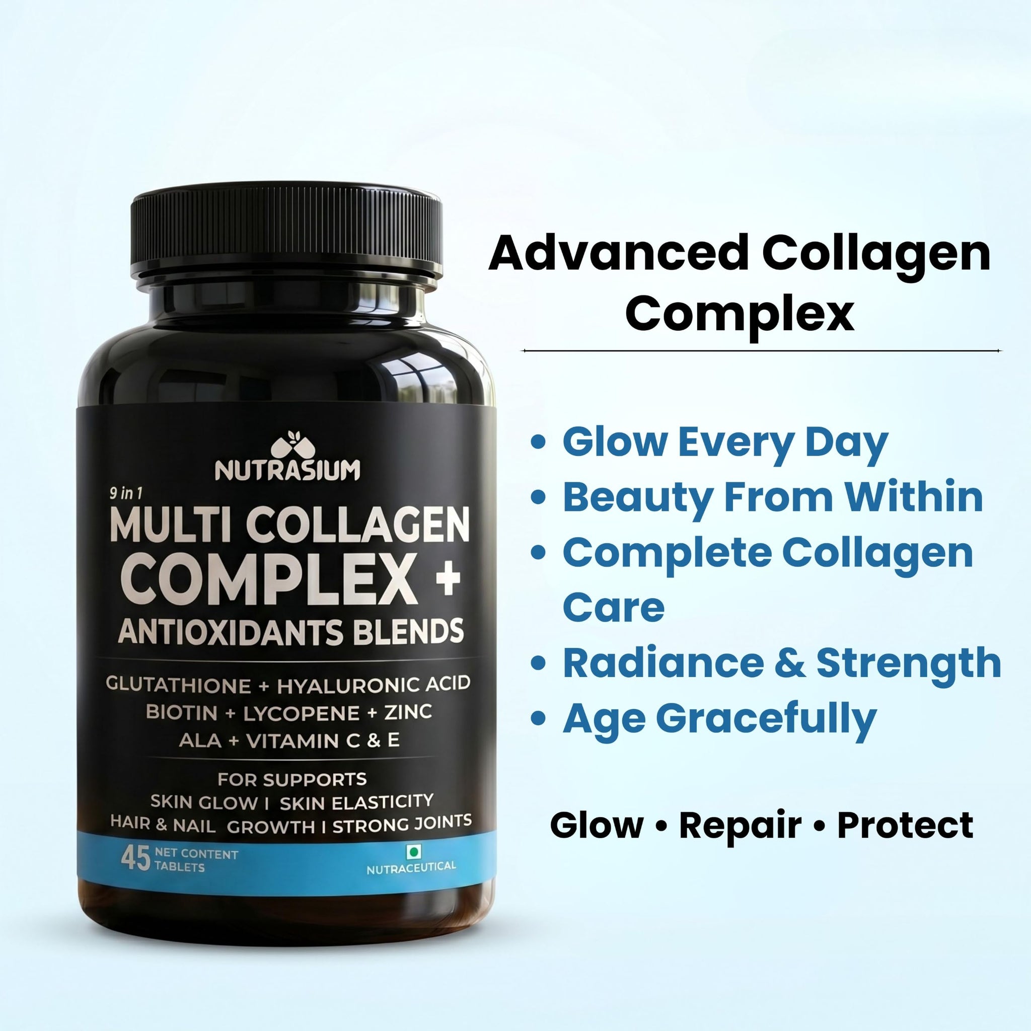Nutrasium Multi Collagen Glutathione Hyaluronic Acid Dietary Supplement, Adult Unisex Tablets, 300g - back view