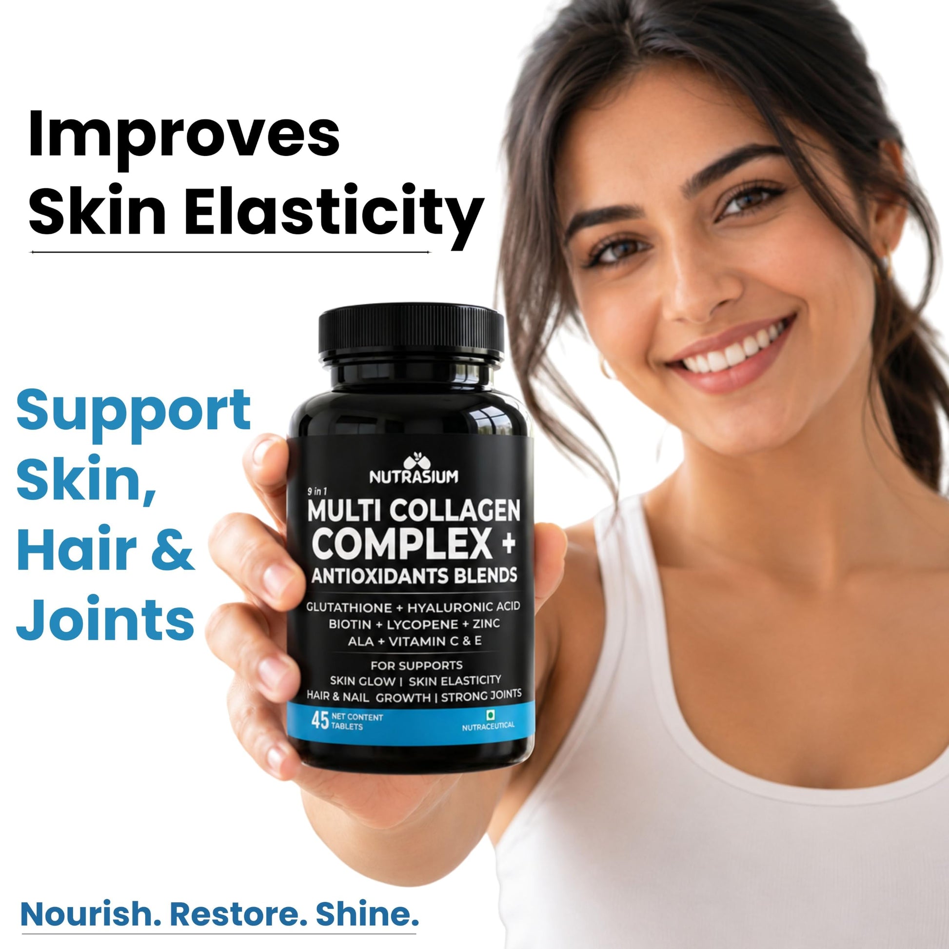 Nutrasium Multi Collagen Glutathione Hyaluronic Acid Dietary Supplement, Adult Unisex Tablets, 300g - packaging