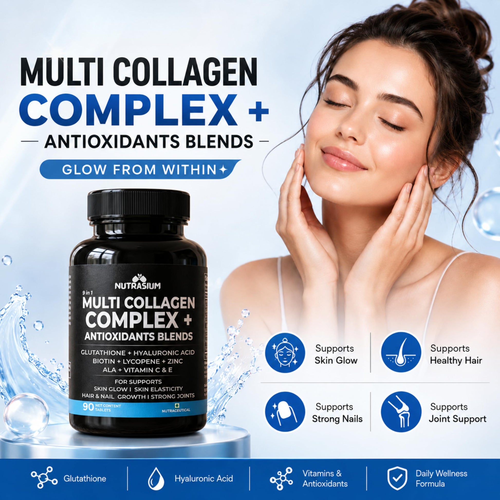Nutrasium Multi Collagen Glutathione Hyaluronic Acid Dietary Supplement, Adult Unisex Tablets, 300g - in use