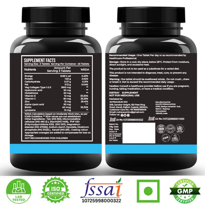 Nutrasium Multi Collagen Glutathione Hyaluronic Acid Dietary Supplement, Adult Unisex Tablets, 300g - size and scale