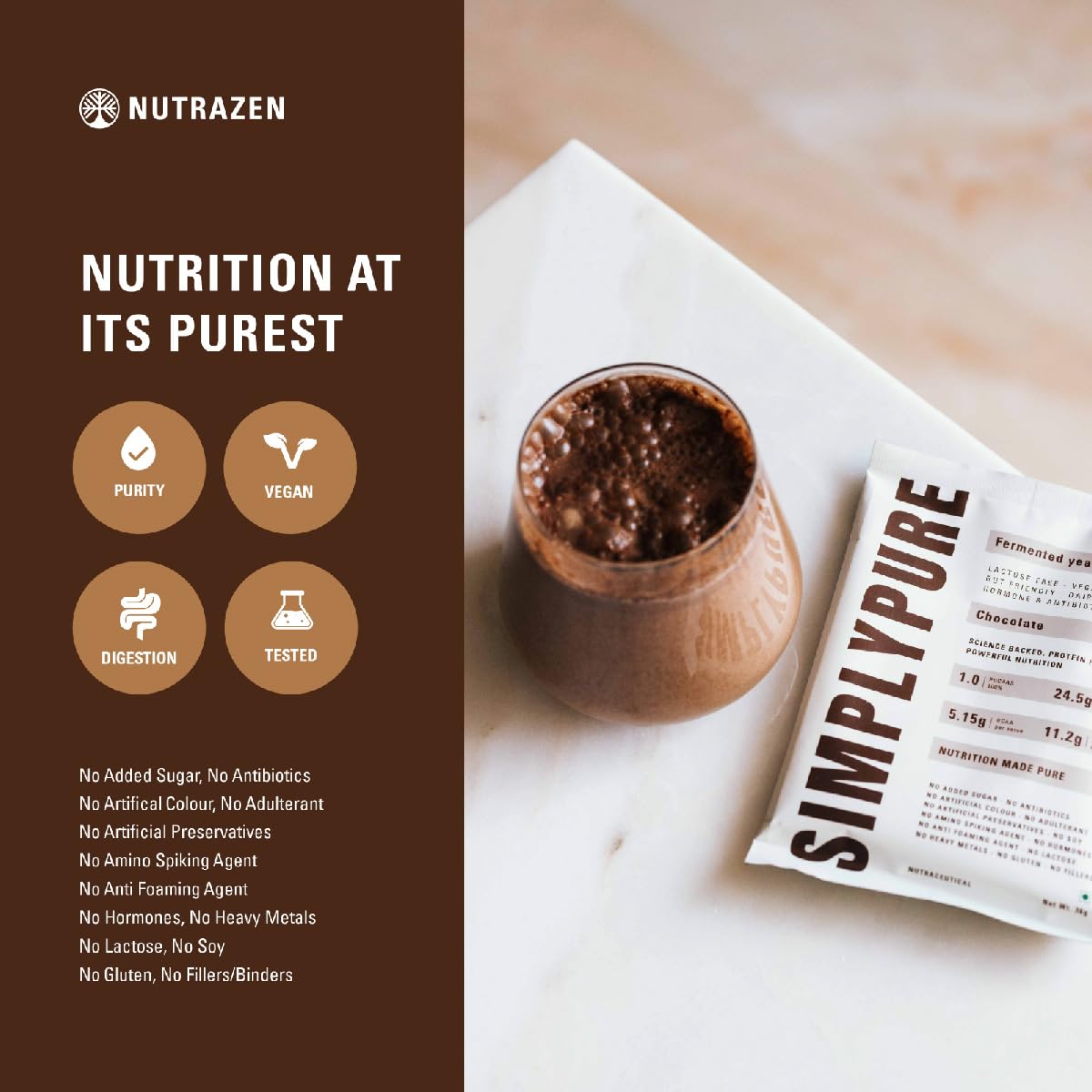 Nutrazen SimplyPure Fermented Yeast Protein Powder, Vegan, 24.7g Protein, Adult - back view (30)