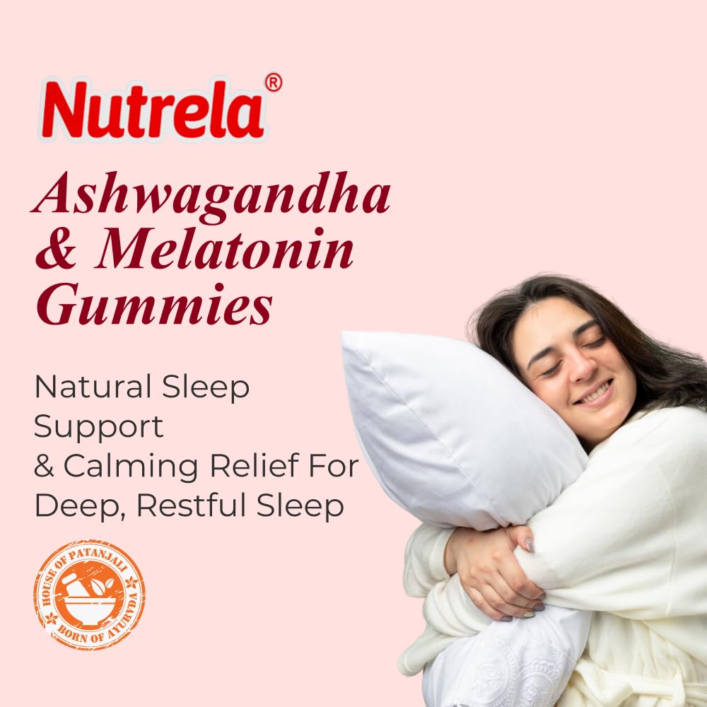 NUTRELA Ashwagandha & Melatonin Gummies for Adults, Strawberry Flavored Dietary Supplement - front view