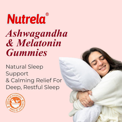 NUTRELA Ashwagandha & Melatonin Gummies for Adults, Strawberry Flavored Dietary Supplement - front view