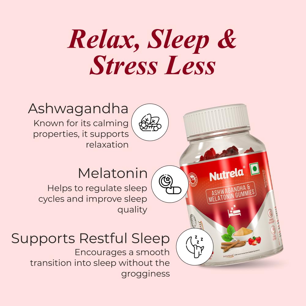 NUTRELA Ashwagandha & Melatonin Gummies for Adults, Strawberry Flavored Dietary Supplement - back view