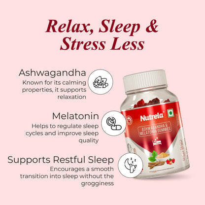 NUTRELA Ashwagandha & Melatonin Gummies for Adults, Strawberry Flavored Dietary Supplement - back view