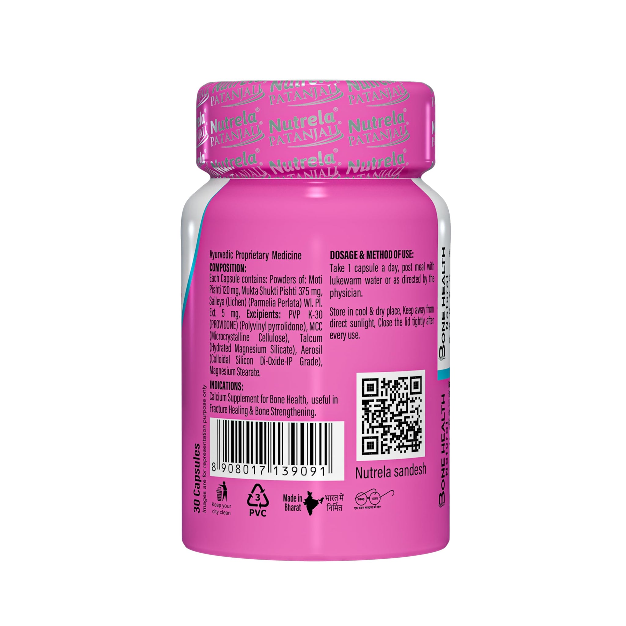 NUTRELA Bone Health Calcium Supplement with Moti Pishti, Mukta Shukti Pishti, Saileya, 30 Capsules, Herbal Supplement - label