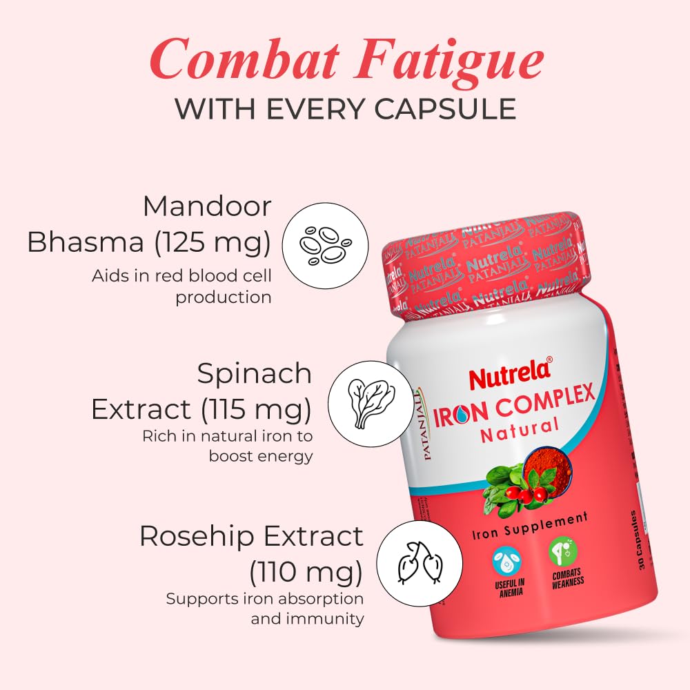 NUTRELA Iron Complex Mineral Supplement Capsules, Vegetarian, Mandoor Bhasma & Plant Extracts - front view
