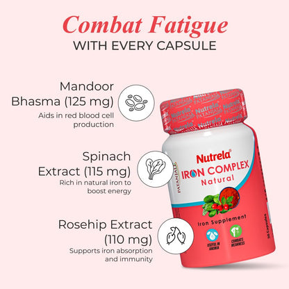 NUTRELA Iron Complex Mineral Supplement Capsules, Vegetarian, Mandoor Bhasma & Plant Extracts - front view