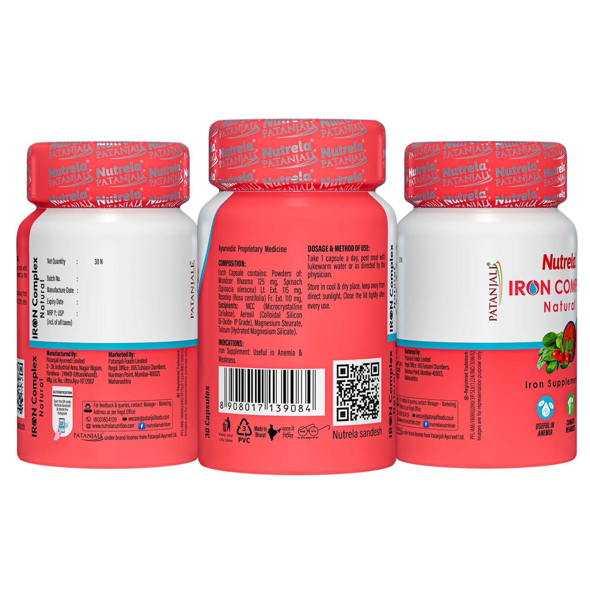 NUTRELA Iron Complex Mineral Supplement Capsules, Vegetarian, Mandoor Bhasma & Plant Extracts - size and scale