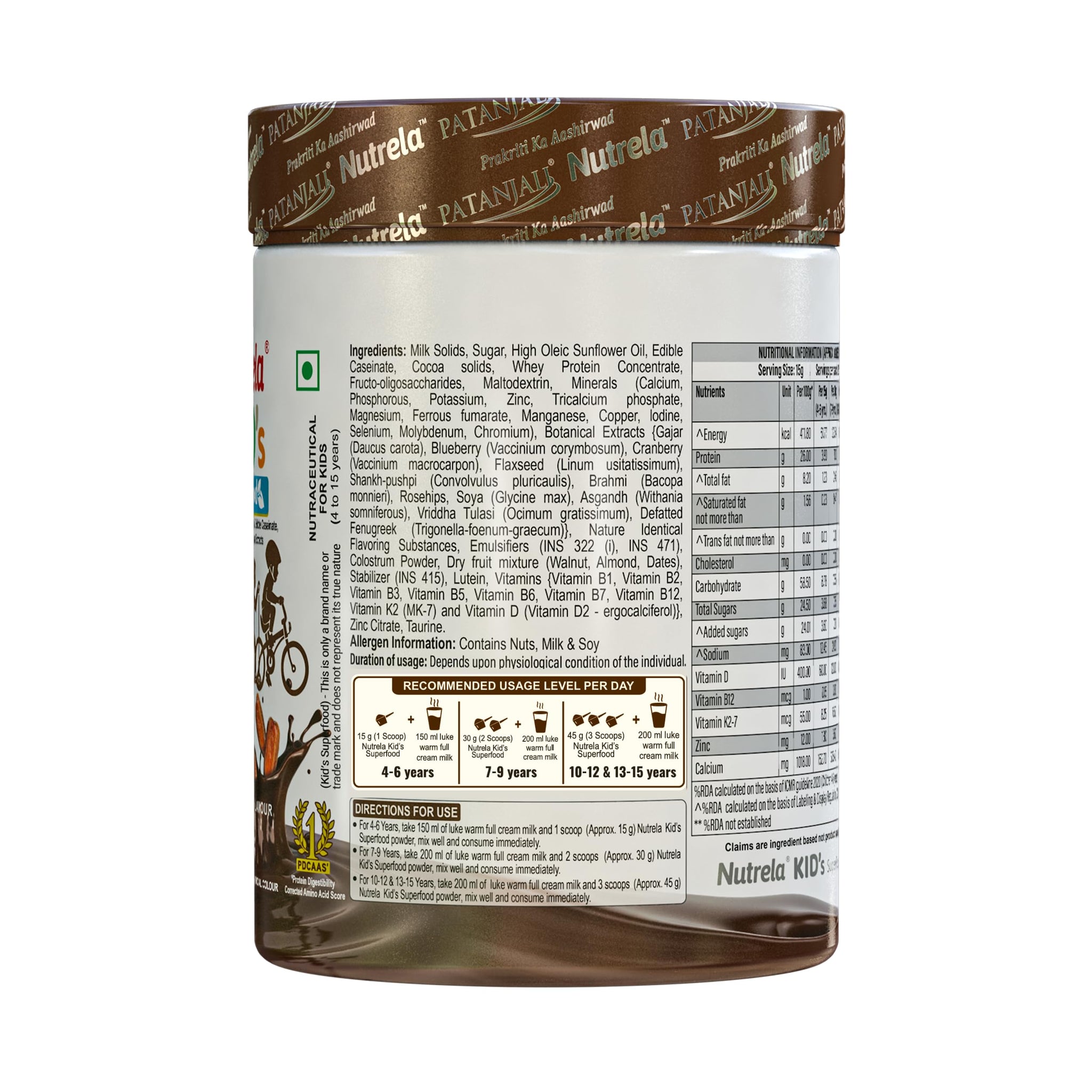 Nutrela Kids Protein Powder, Chocolate Flavor, Vegetarian Protein Supplement with PDCAAS Score of 1 - ingredients panel