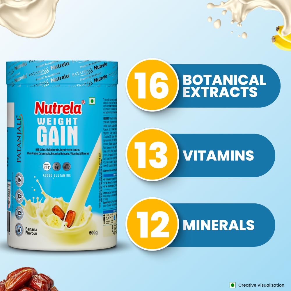 NUTRELA Mass Gainer Powder, Meal Replacement Beverage, with Vitamins and Herbs - size and scale