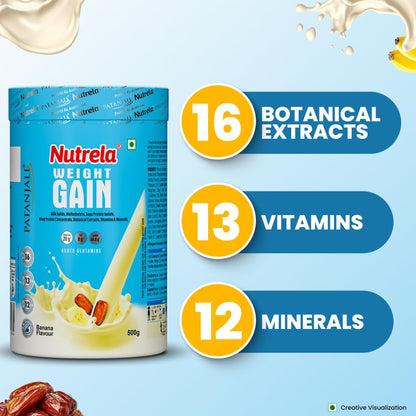 NUTRELA Mass Gainer Powder, Meal Replacement Beverage, with Vitamins and Herbs - size and scale