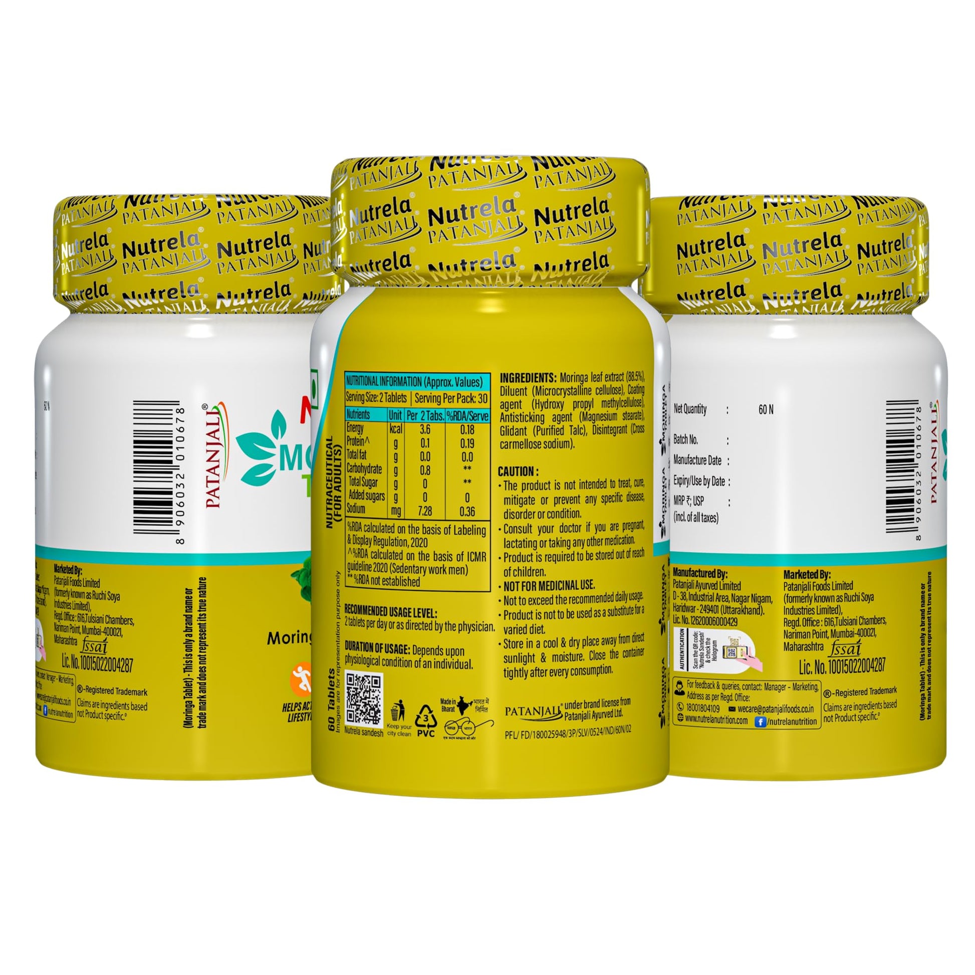 NUTRELA Moringa Leaf Extract Tablets, 60 Tablets, Nutritional Supplement for Adults - size and scale
