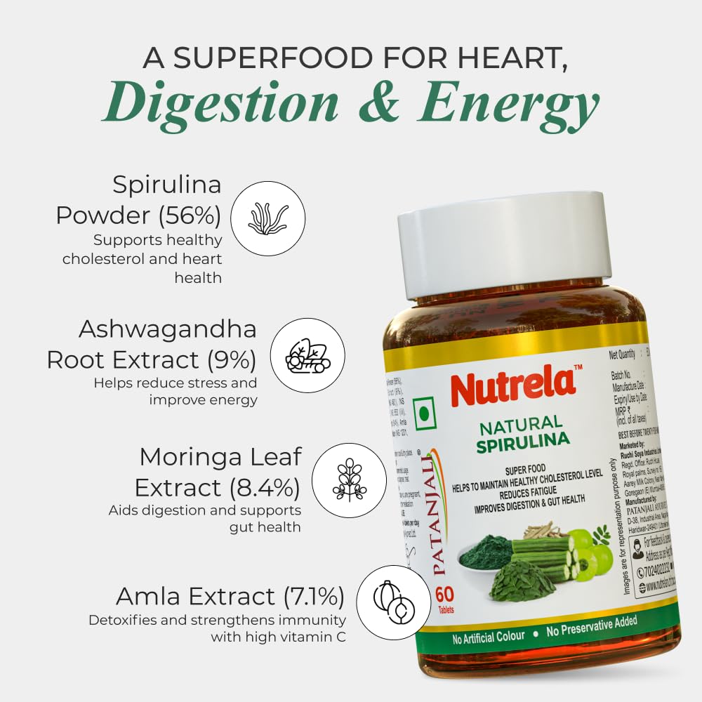 NUTRELA Nutrition Spirulina Tablets - Herbal Supplement with Spirulina, Amla, Moringa & Ashwagandha - Gluten-Free, Vegan Tabl