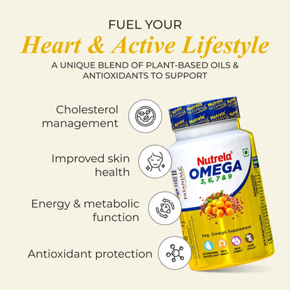 NUTRELA Omega 3 6 7 9 Supplement, 60 Veg Softgels, with Flaxseed Oil and Sea Buckthorn Oil - back view