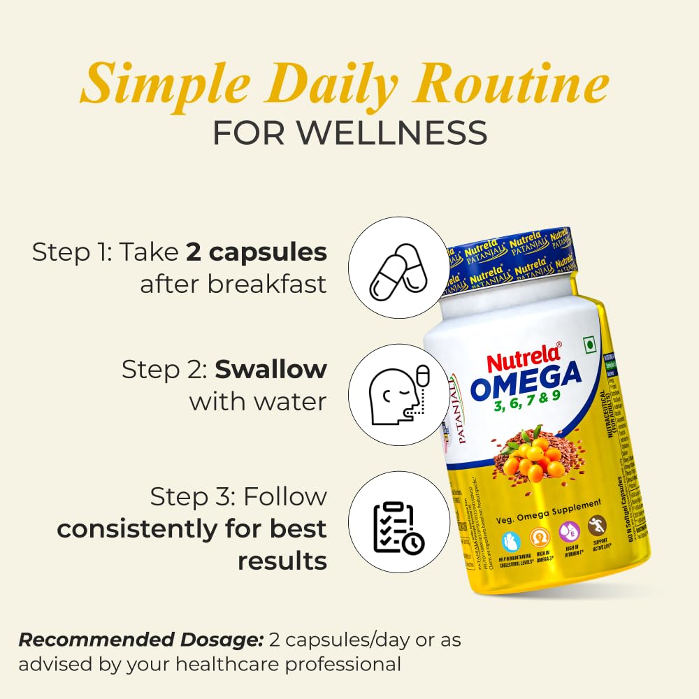 NUTRELA Omega 3 6 7 9 Supplement, 60 Veg Softgels, with Flaxseed Oil and Sea Buckthorn Oil - packaging