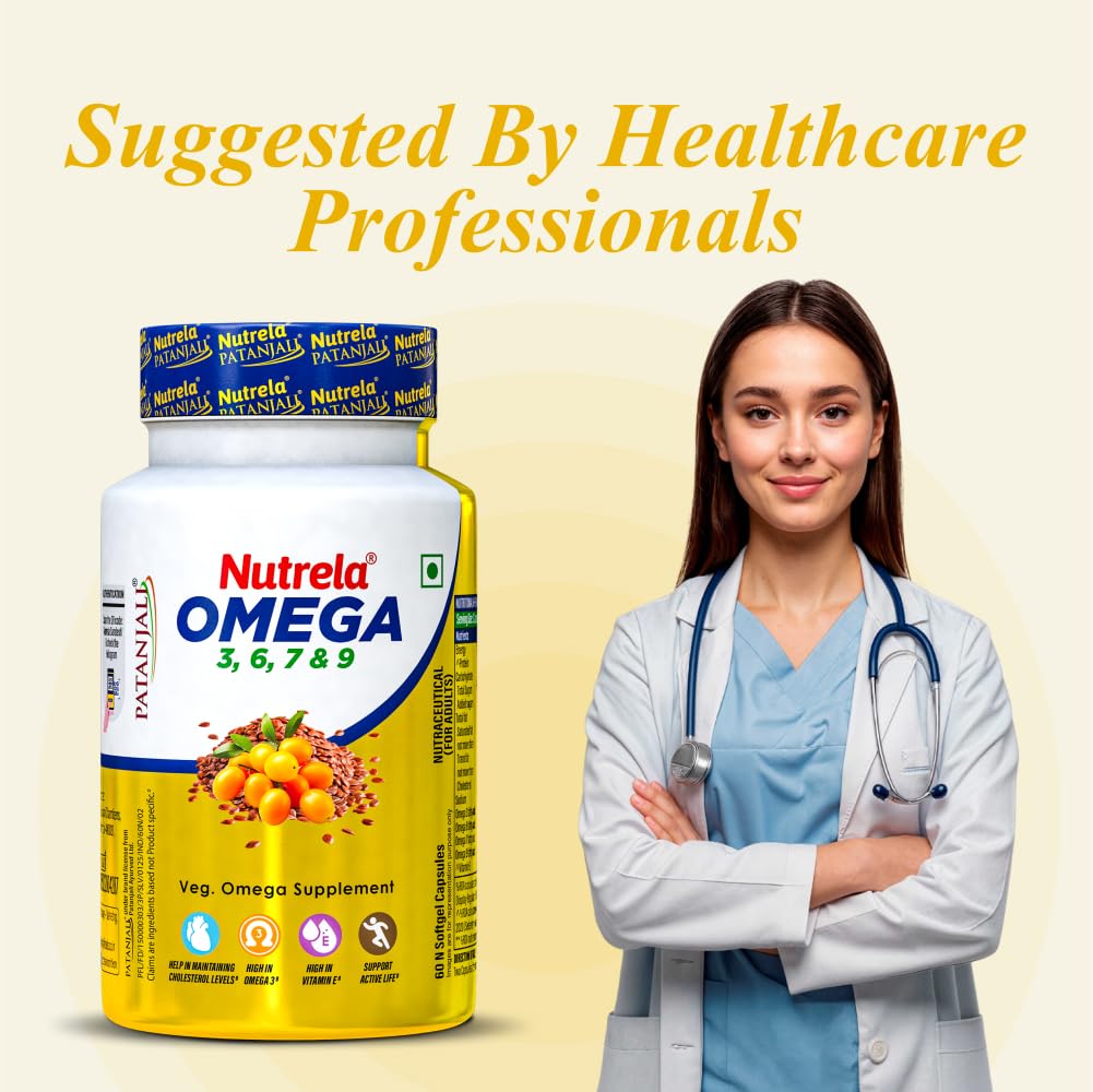NUTRELA Omega 3 6 7 9 Supplement, 60 Veg Softgels, with Flaxseed Oil and Sea Buckthorn Oil - close-up detail