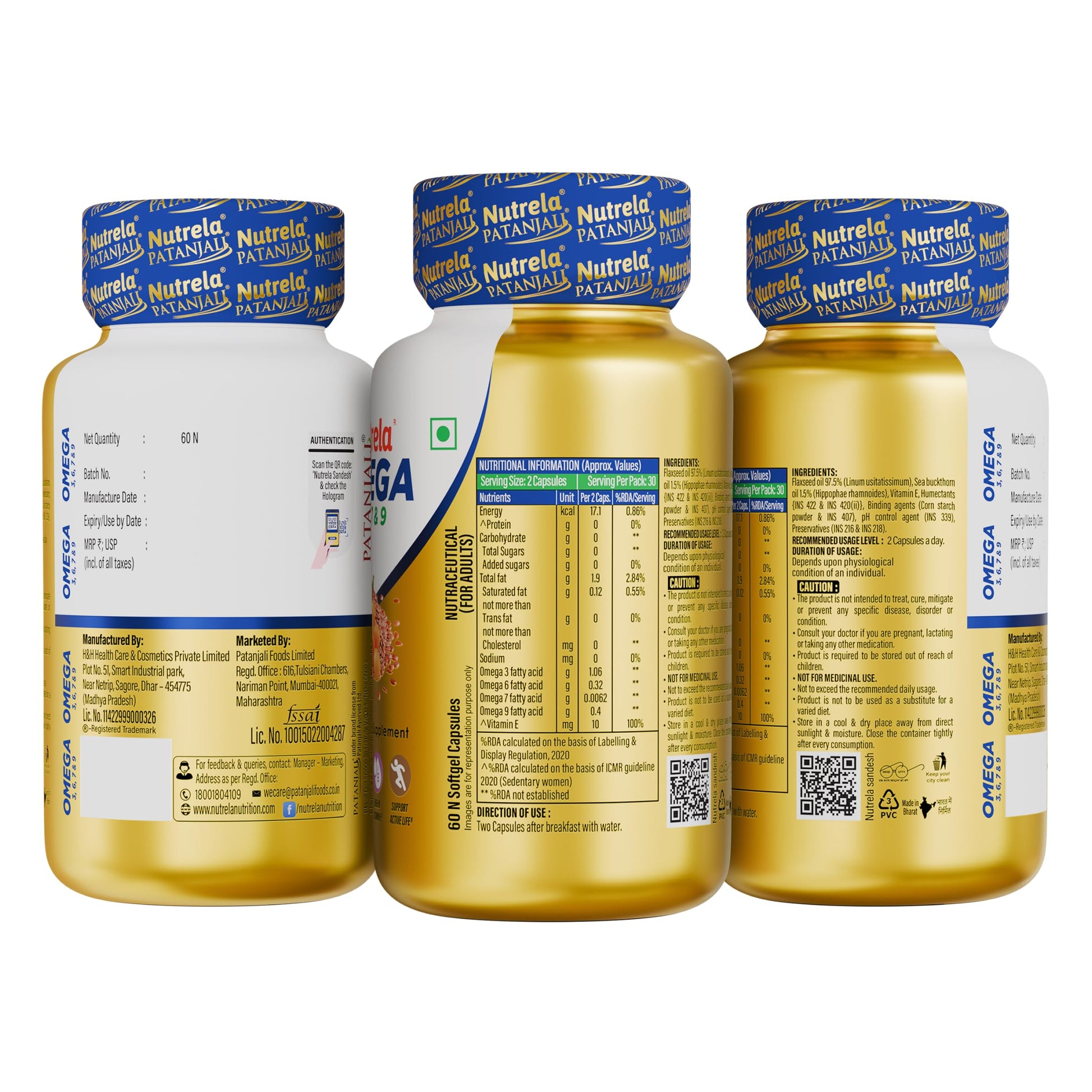 NUTRELA Omega 3 6 7 9 Supplement, 60 Veg Softgels, with Flaxseed Oil and Sea Buckthorn Oil - size and scale