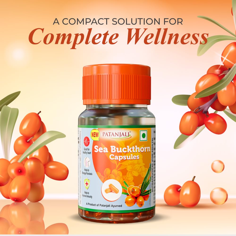 NUTRELA Sea Buckthorn Capsules, Omega 3-6-9 Dietary Supplement, Vegetarian Capsules, by Patanjali Ayurved - close-up detail