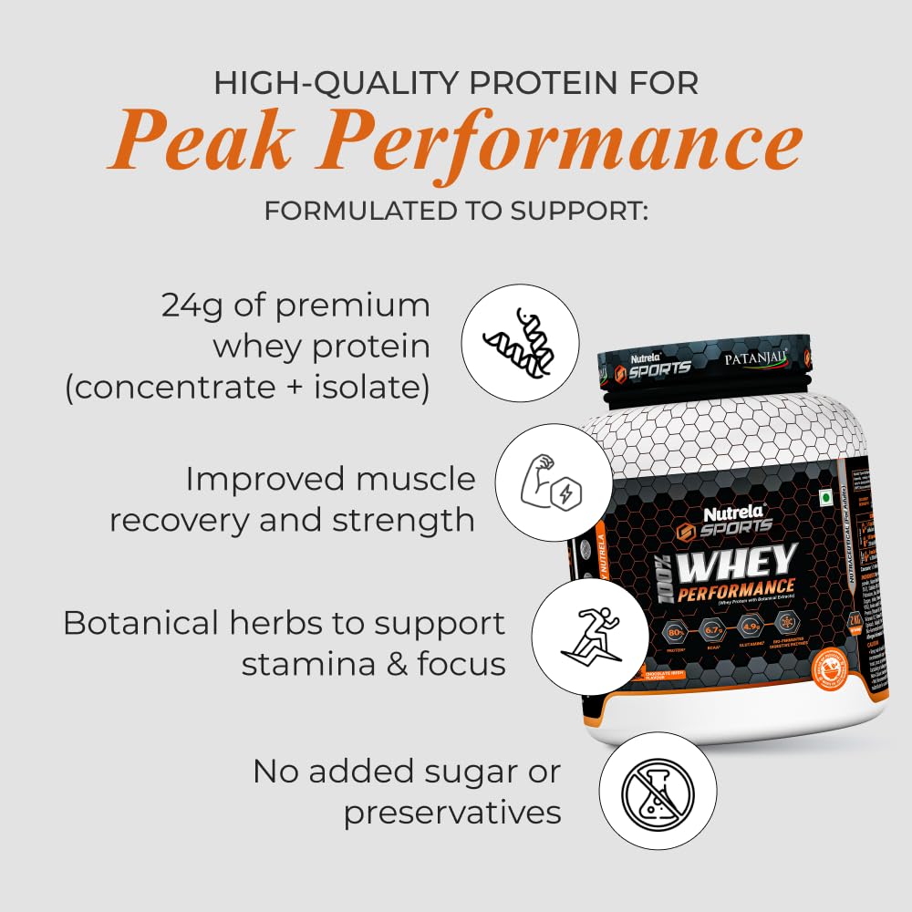 NUTRELA Sports Patanjali Whey Protein Powder, Concentrate + Isolate, 24g Protein, Vegetarian Formula - front view (11)