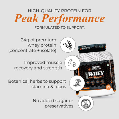 NUTRELA Sports Patanjali Whey Protein Powder, Concentrate + Isolate, 24g Protein, Vegetarian Formula - front view (11)