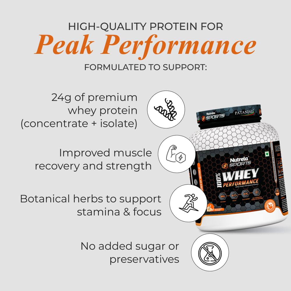 NUTRELA Sports Patanjali Whey Protein Powder, Concentrate + Isolate, 24g Protein, Vegetarian Formula - front view (19)