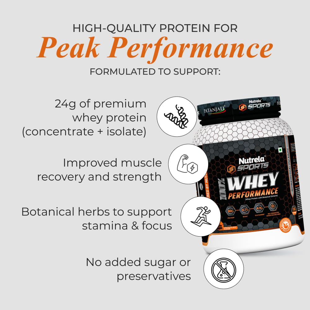 NUTRELA Sports Patanjali Whey Protein Powder, Concentrate + Isolate, 24g Protein, Vegetarian Formula - front view