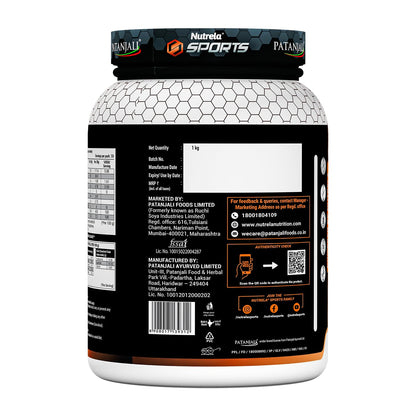 NUTRELA Sports Patanjali Whey Protein Powder, Concentrate + Isolate, 24g Protein, Vegetarian Formula - close-up detail