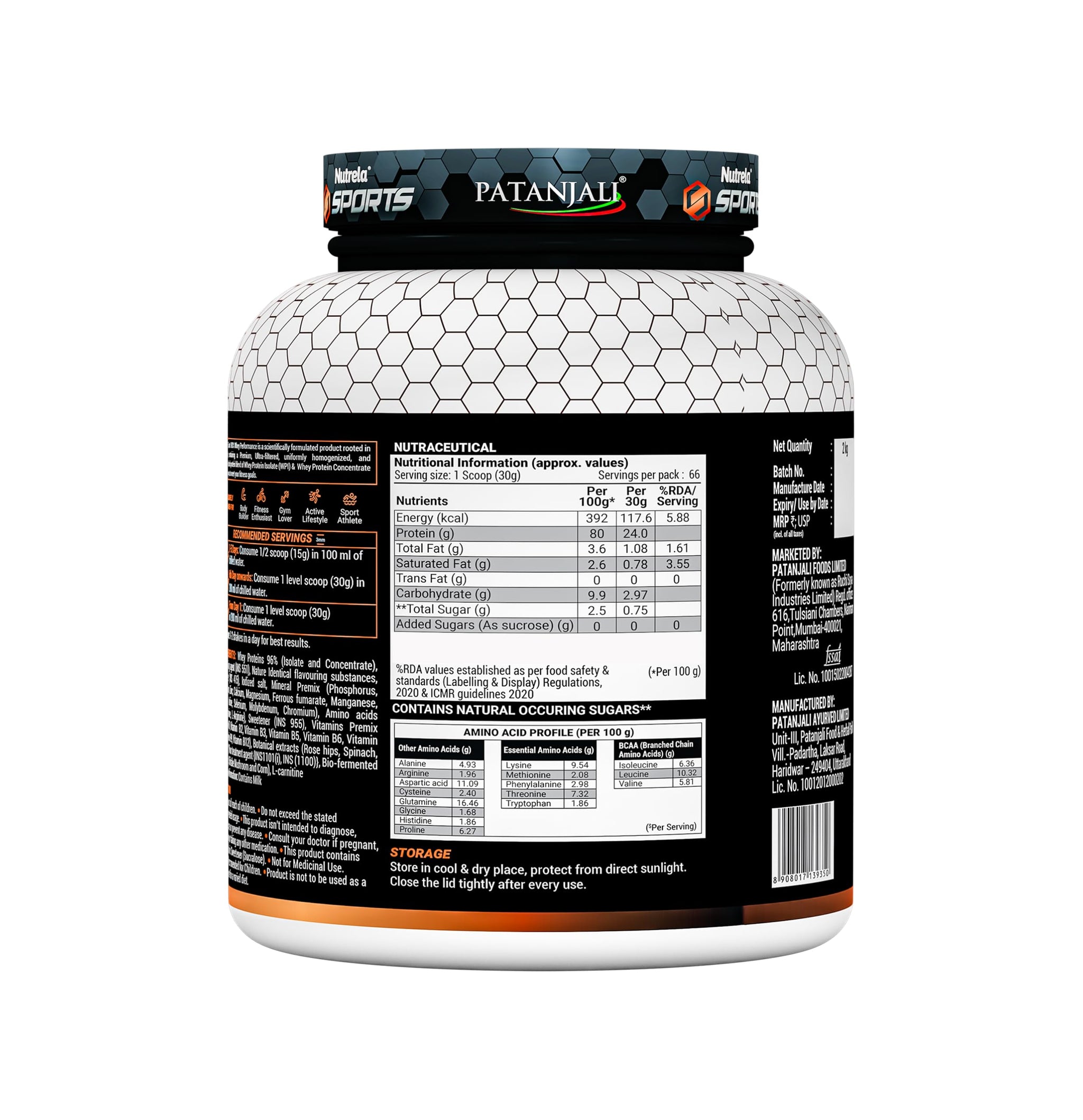 NUTRELA Sports Patanjali Whey Protein Powder, Concentrate + Isolate, 24g Protein, Vegetarian Formula - size and scale