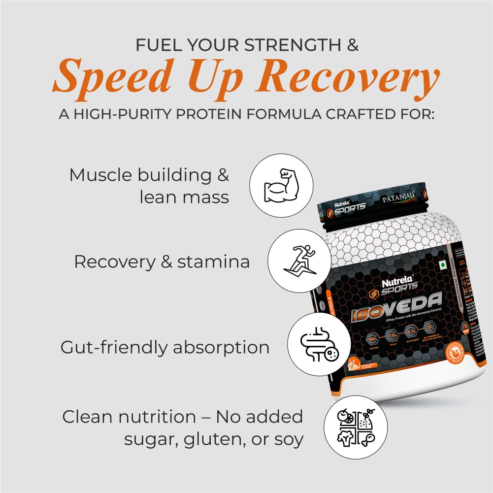 NUTRELA Sports Whey Protein Isolate Powder by Patanjali, Whey Protein Supplement - back view (36)