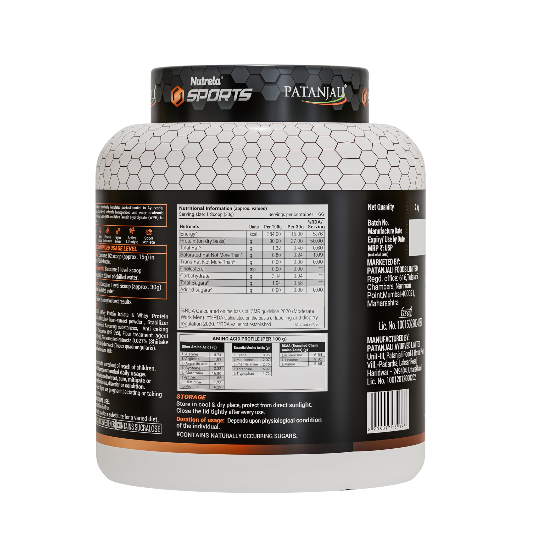 NUTRELA Sports Whey Protein Isolate Powder by Patanjali, Whey Protein Supplement - size and scale