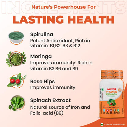NUTRELA Vitamin B-Complex Supplement - Biofermented B Vitamins, 30 Veg Capsules, with Moringa and Spirulina - packaging