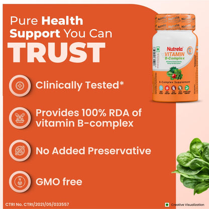NUTRELA Vitamin B-Complex Supplement - Biofermented B Vitamins, 30 Veg Capsules, with Moringa and Spirulina - label detail
