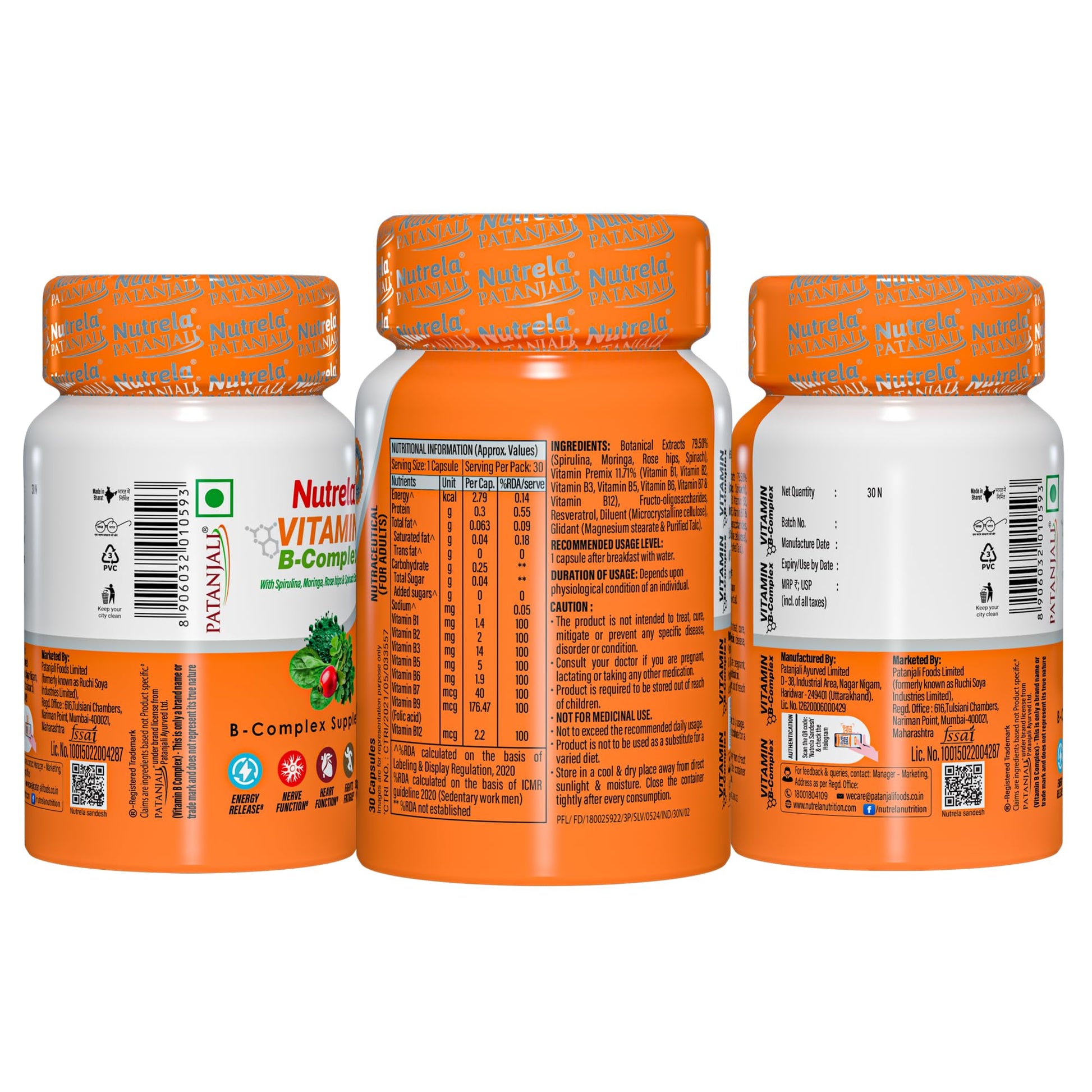 NUTRELA Vitamin B-Complex Supplement - Biofermented B Vitamins, 30 Veg Capsules, with Moringa and Spirulina - size and scale