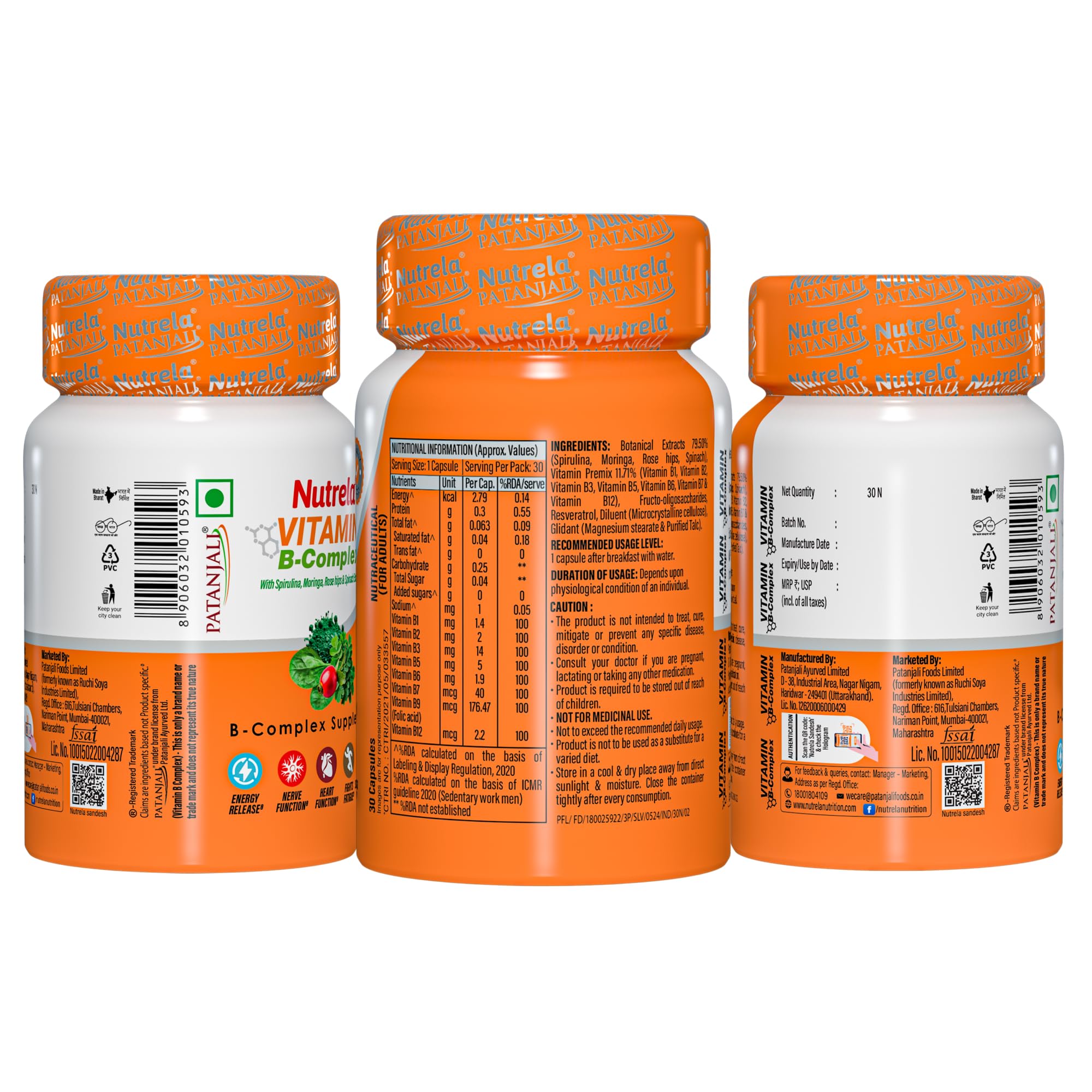 NUTRELA Vitamin B-Complex Supplement - Biofermented B Vitamins, 30 Veg Capsules, with Moringa and Spirulina - size and scale
