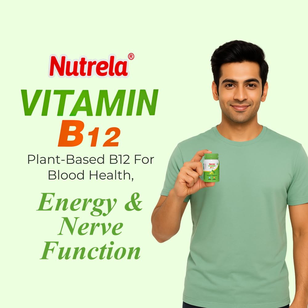 NUTRELA Vitamin B12 Biofermented Plant Based Supplement, with Moringa and Aloe Vera, 30 Veg Capsules - front view