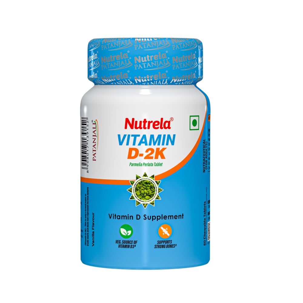 Nutrela Vitamin D-2K 60 Chewable Tablets, Vanilla Flavor, Plant-Based Vitamin D3 from Lichen