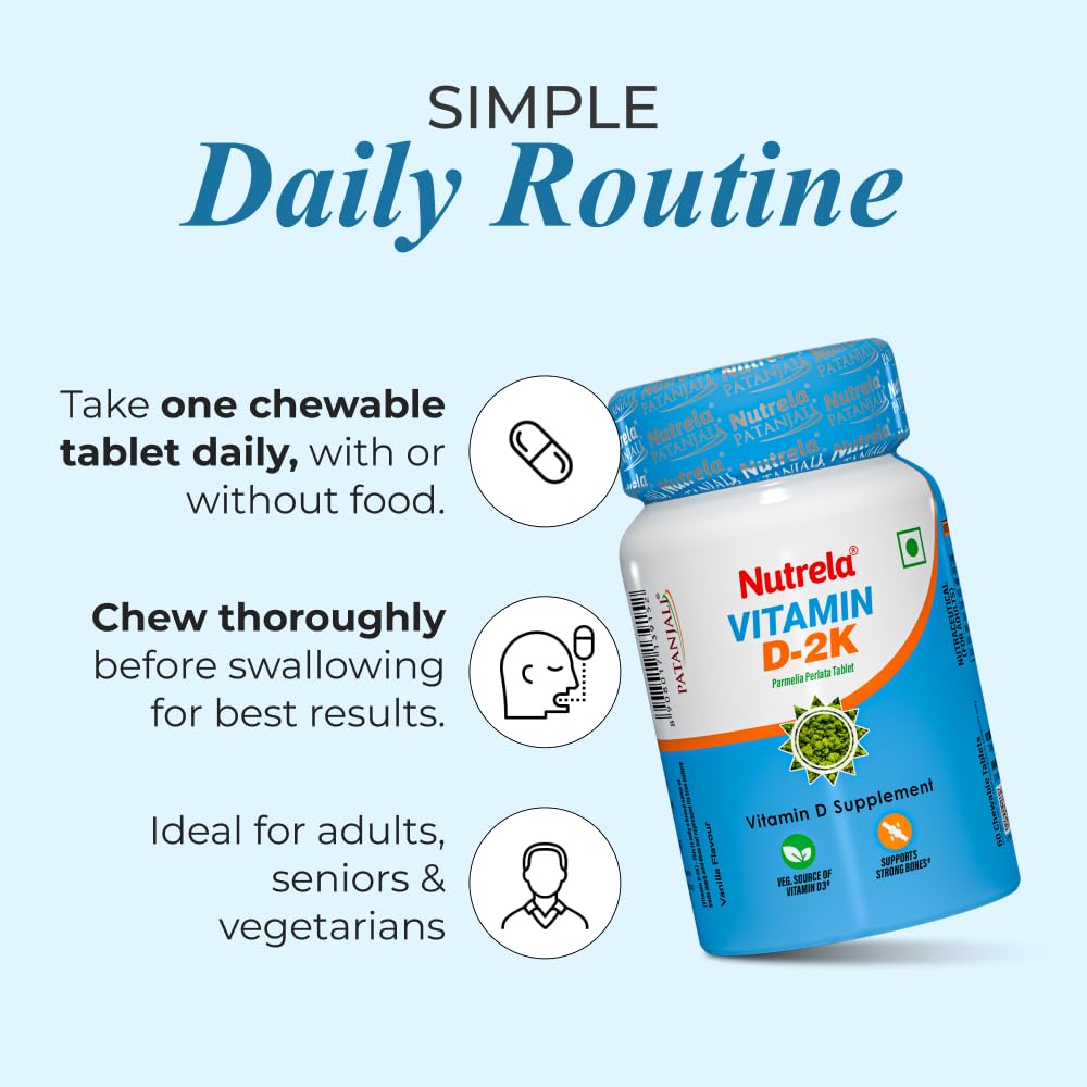 Nutrela Vitamin D-2K 60 Chewable Tablets, Vanilla Flavor, Plant-Based Vitamin D3 from Lichen - ingredients panel